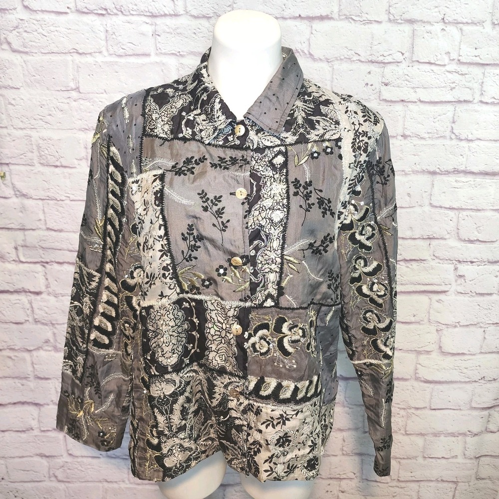IOS Vintage Patchwork Silk Embroidered Sequin Women's‎ Large Button Up Jacket